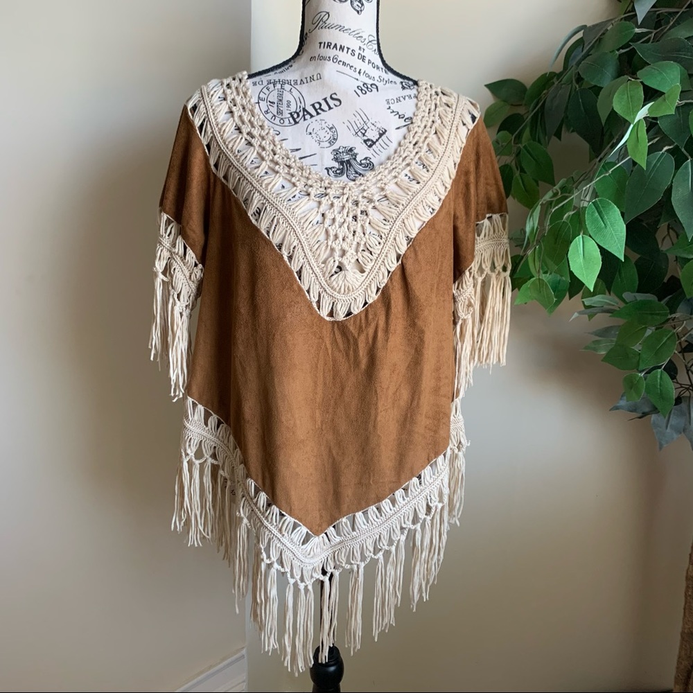 SJ Style Fringe Faux-Suede Top Brown Sz S